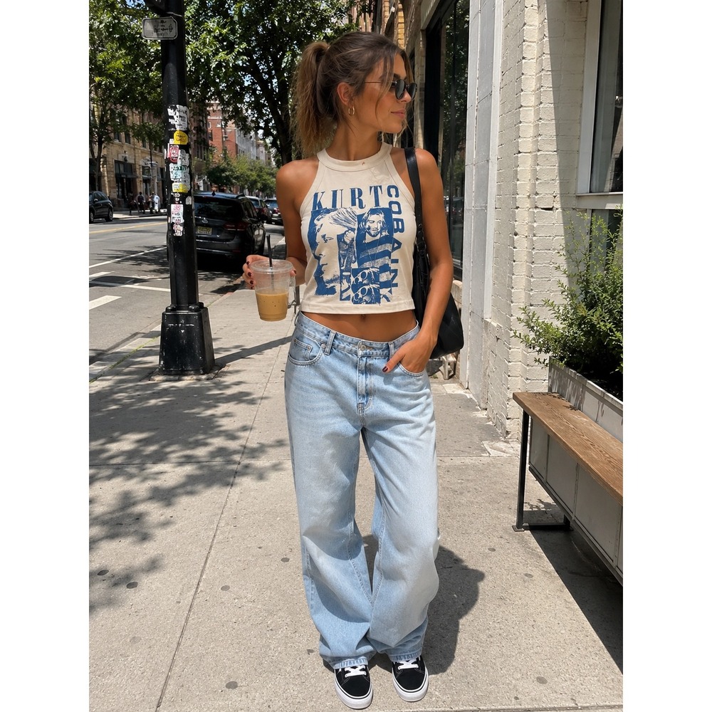 American Eagle Kurt Cobain Nirvana Band Tank Top Cream Blue Cropped XS